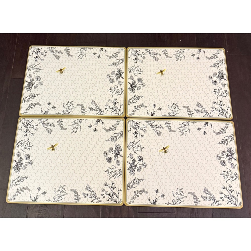 Williams Sonoma Hard Mat Placemats White Bee Floral Honeycomb Cork Back Set of 4